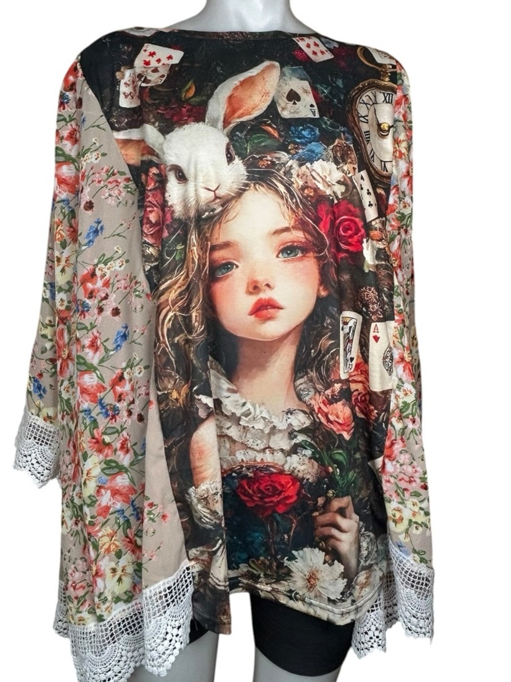 Handcrafted Alice in Wonderland Boho Tunic Floral Graphic Lace-Trim Multicolor